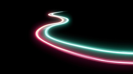 Fototapeta premium Curving parallel neon cyan pink light trails sweeping across black background creating glowing pathway with motion blur for fiber optic speed, data transfer, futuristic highway, and high-speed network