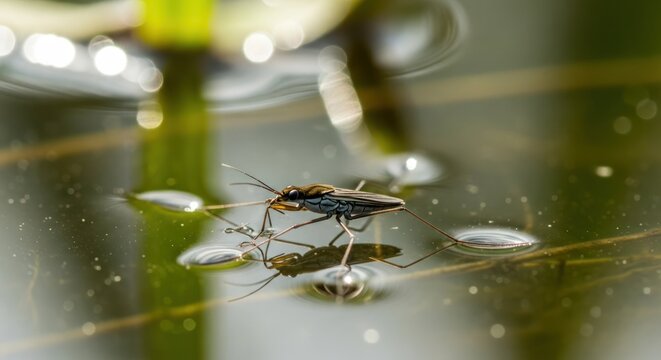 Water strider on calm surface, reflected image in bright conditions