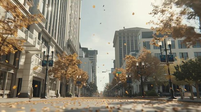 Urban Street with Falling Leaves in Vibrant Autumn Daylight Setting