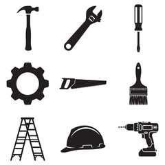 Obraz premium Construction Tools and Home Repair Hardware Silhouette Icon Set Vector Illustration isolated white background, 