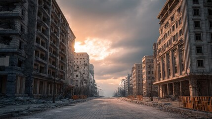 Abandoned city street with destroyed buildings under a dramatic sky. Post apocalyptic landscape representing war, disaster, and decay.