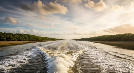 Fototapeta premium Boat Wake River Landscape with Tree Lined Shoreline at Dusk