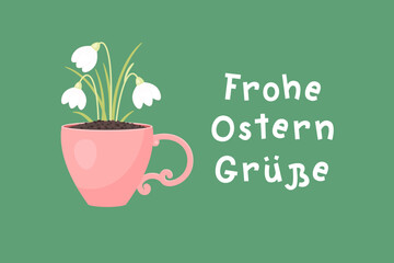 Cute Easter illustration with spring flowers in cup, Frohe Ostern Gr&uuml;&szlig;e greeting, cozy floral holiday design