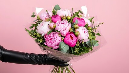 Hand holding bouquet of pink and white flowers