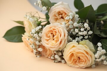 Close up of delicate peach and white roses with babys breath and green leaves peach roses