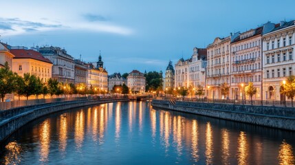 Obraz premium Scenic river view with historic city architecture at dusk. Illuminated buildings reflect in the water creating a beautiful night cityscape. Travel concept.