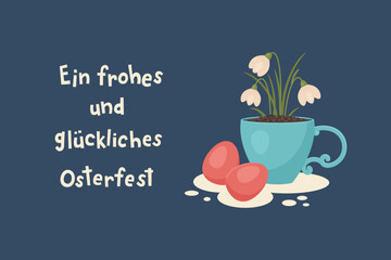 Cute Easter Illustration With Spring Flowers Cup And German Easter Greeting, Happy Easter Card