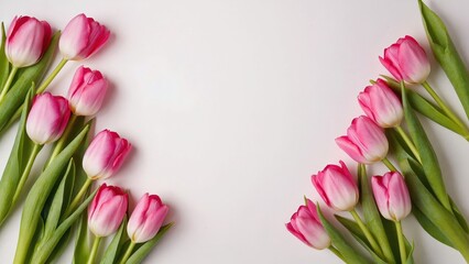 Top down view flat lay of a row of fresh pink tulips with green leaves at a clean white background. Minimalist spring floral arrangement with ample copy space for text. © Daria