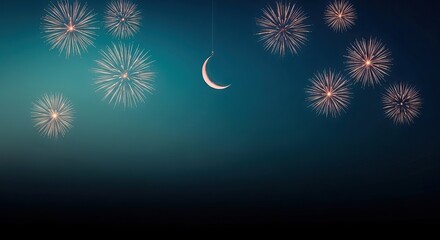 Teal gradient sky with hanging crescent moon and fireworks ramadan kareem islamic eid mubarak background download 2026 2027
