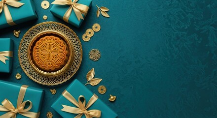Teal luxury flat lay with golden moon cake and gifts ramadan kareem islamic eid mubarak background download 2026 2027