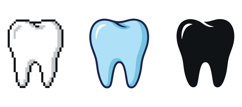 Pixelated, glossy, and silhouette tooth icons on white background