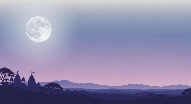 Phalguna Purnima Lavender to Silver Gradient Banner with Full Moon and Calm Landscape