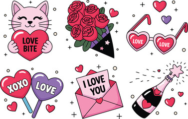 Valentine&rsquo;s Day romantic vector set with cute cat, rose bouquet, heart sunglasses, champagne bottle, love letter, and lollipops, festive holiday celebration design elements.