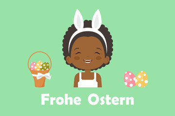 Cute Easter Illustration With Smiling Girl Wearing Bunny Ears, Easter Eggs And Frohe Ostern Greeting