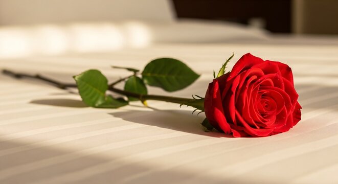 Single red rose lying on beige bed in natural light