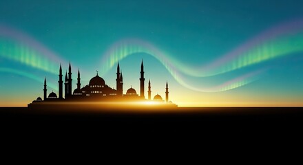 Teal sky with golden light aurora borealis over mosque silhouette ramadan kareem islamic eid mubarak background download 2026 2027
