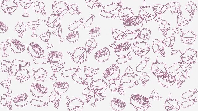 Food doodle illustration with handdrawn items like ice cream, noodles, drinks, and snacks. Suitable for menu designs, food blogs, and recipes.