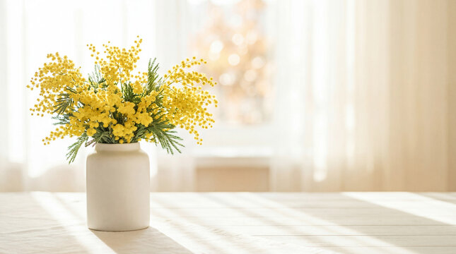 Minimalist still life featuring a bright yellow mimosa bouquet in a white ceramic vase on a white table. Elegant spring interior scene with soft natural sunlight and a blurred bokeh background.