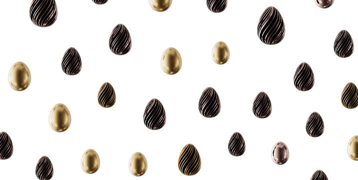 Elegant Easter egg pattern with golden and dark decorative elements on white background. Perfect for holiday design and