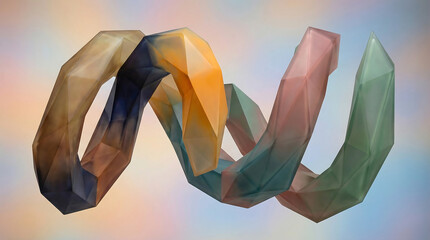 A Vibrant Geometric Abstract Shape with Gradient Colors Twisting Through a Softly Lit Background