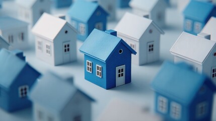 Detailed 3D Render of Blue and White Houses Set Against Soft Background with Focus on One Blue House
