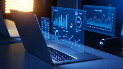 Financial Business data graph chart statistic concept. Marketing technology hologram and laptop