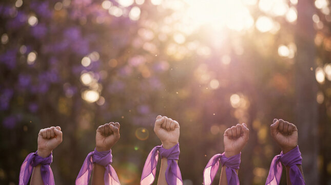 Five diverse female hands raised in clenched fists against a soft sunset bokeh background. A powerful symbol of women's rights, solidarity, and the fight for equality.