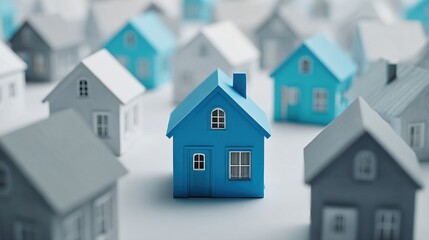 Blue House Among White Houses in a Creative Display of Home Concept and Real Estate Visualization