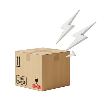 A brown cardboard box with black symbols and a fragile sticker on a transparent background with lightning bolts