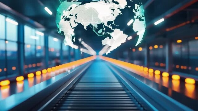 Futuristic train station with conveyor belt and digital world map, symbolizing global connectivity and travel.