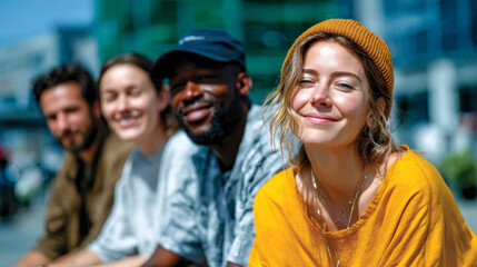 Fototapeta premium Group of friends enjoying a sunny day outdoors at a city location while sitting together on a sidewalk