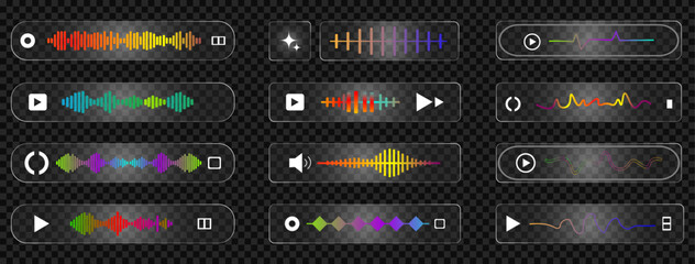 Audio waveform player UI button set with colorful sound visualizer