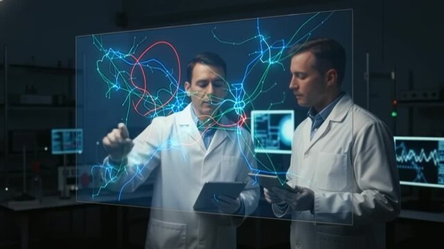 Scientists in lab coats engage with a digital touchscreen interface displaying colorful data visualizations and network graphics, analyze complex information in research and technology.