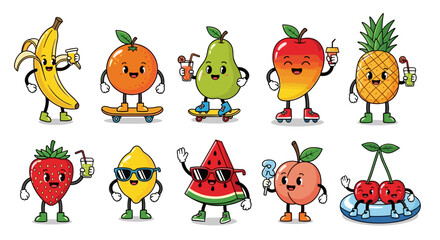 Obraz premium Cute Cartoon Fruit Characters Set – Fun Fruits with Faces, Skates & Accessories