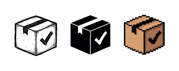Obraz premium Three boxes with checkmarks: hand-drawn, monochrome, pixel art styles