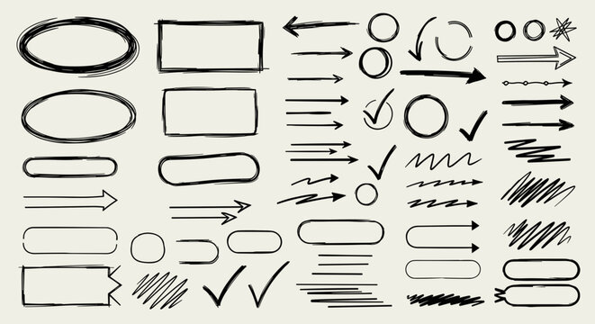 Hand-Drawn Sketch Elements: Arrows, Shapes, Circles, Highlights & Doodles Set