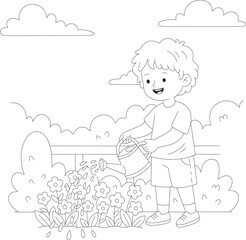 Fototapeta premium Happy Child Watering Flowers – Kids Coloring Page Line Art Illustration