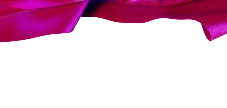 High-quality image of flowing vibrant fuchsia satin fabric on white, perfect for design needs. Offers elegance and beaut