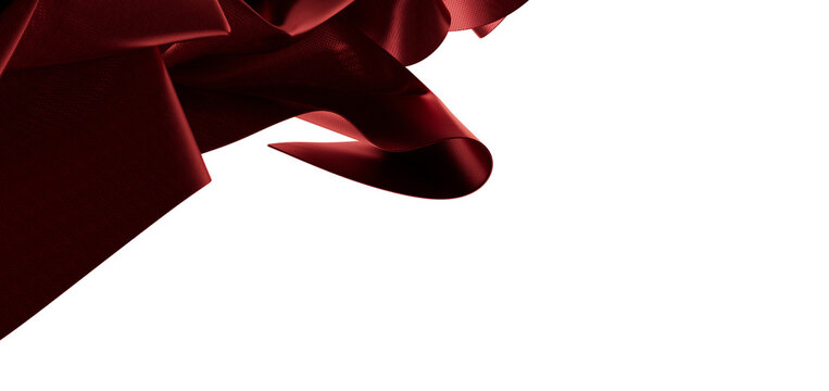 Close up of textured burgundy satin ribbon with white background. Perfect for elegant design and fas