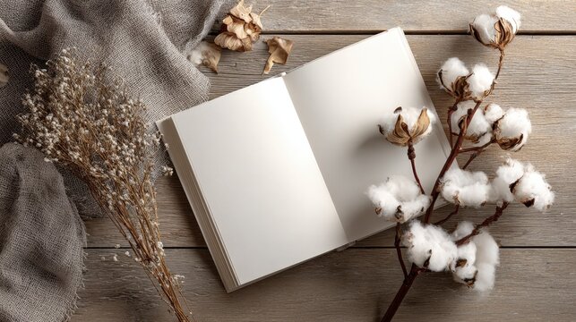 Serene and timeless mockup for branding or journaling with book pages open next to cotton and dried stems