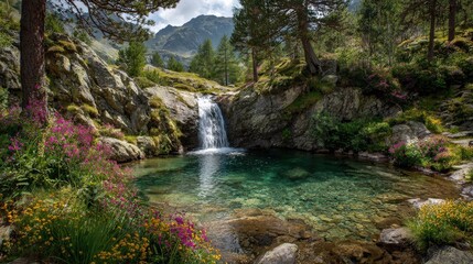 Obraz premium Serene waterfall flowing gently into a crystal-clear pool in a tranquil European mountain valley framed by wildflowers and pine trees