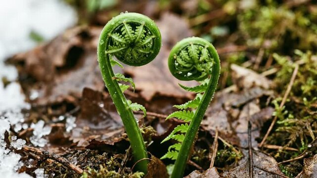 Fiddlehead Ferns Emerge as Snow Melts in Spring Forest