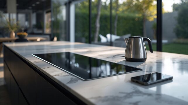 Cucina moderna di lusso con piano a induzione, bollitore elettrico e smartphone su isola in marmo. Generative AI 
