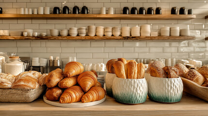 bread in a bakery display with croissants bread