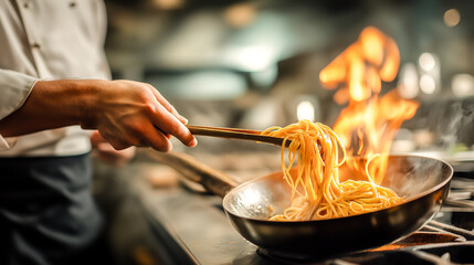 chef tossing pasta
