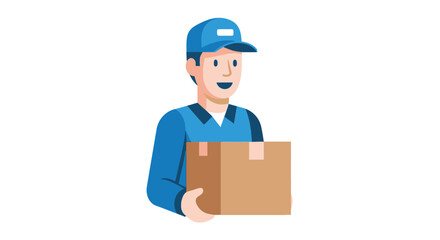 A smiling delivery person carries a cardboard package with a blue uniform
