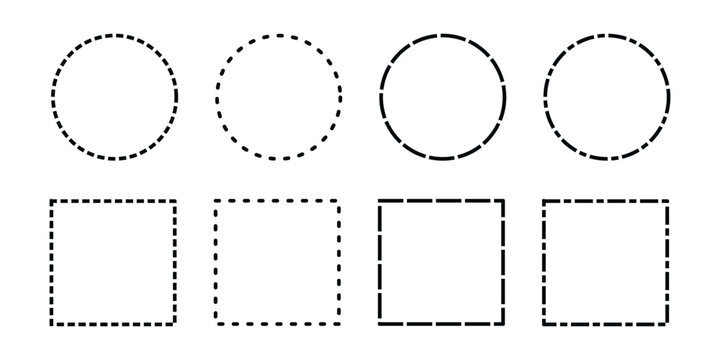 Black dashed outline shapes set. Dotted circle and rectangle frames. Minimal geometric border elements. Clean vector line icons