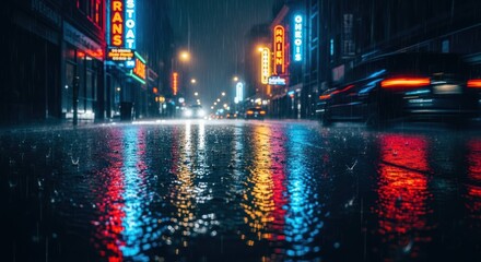 Obraz premium City street at night during rain with neon light reflections on wet road