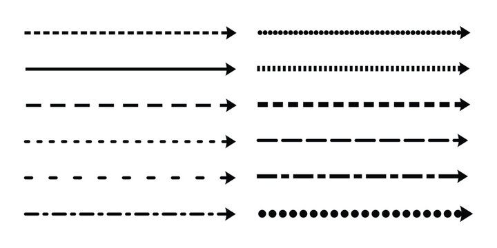 Black arrow line styles set. Dotted dashed and solid arrows. Directional pointer lines collection. Minimal vector navigation elements.