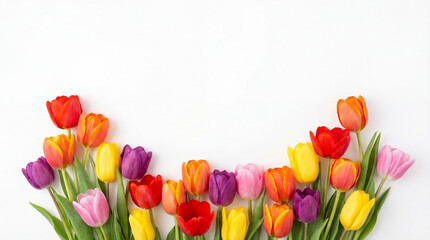 Top down view flat lay of colorful tulips arranged at the bottom of a clean white background. Minimalist spring floral composition with space for text. © Daria